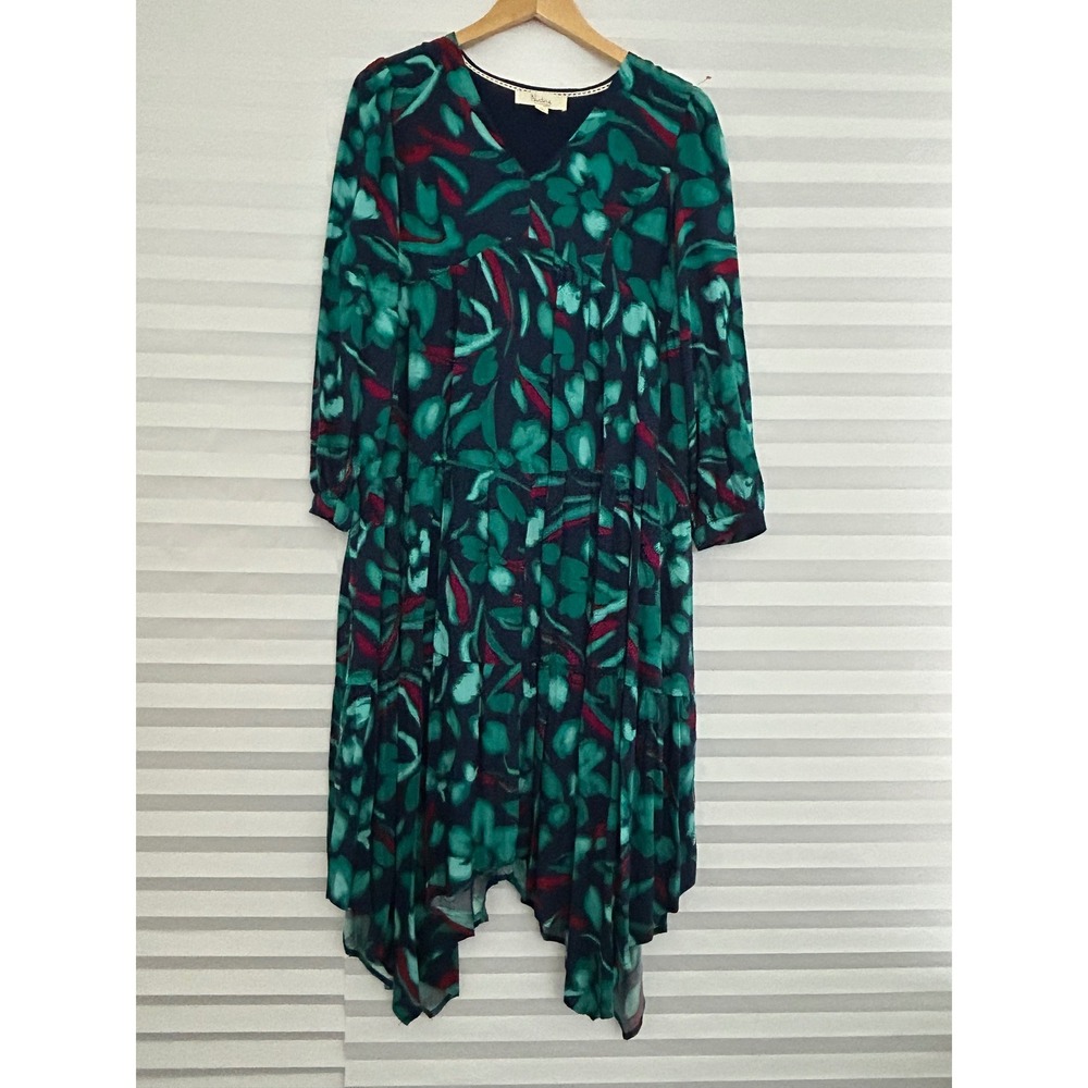 Nurture by Westbound Floral Tiered Sharkbite Flowy Midi Dress Navy Green PL Boho